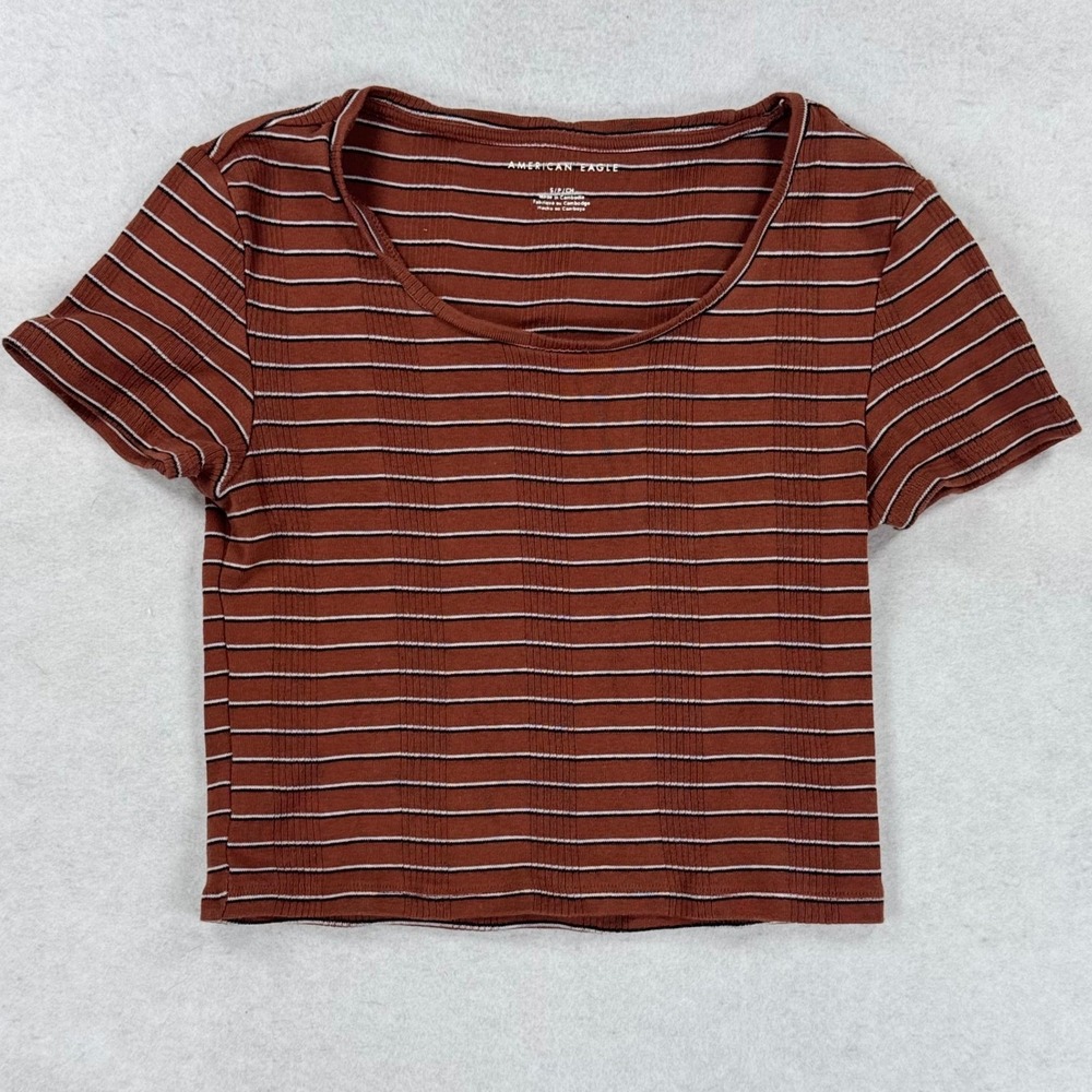 American Eagle Striped Ribbed Baby Tee Rust Brown Short Sleeve Scoop Neck Small